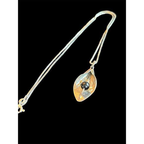 MCM Modernist Sterling & Blk Onyx Pendant With A Vtg 16” Box Chain - Picture 2 of 6